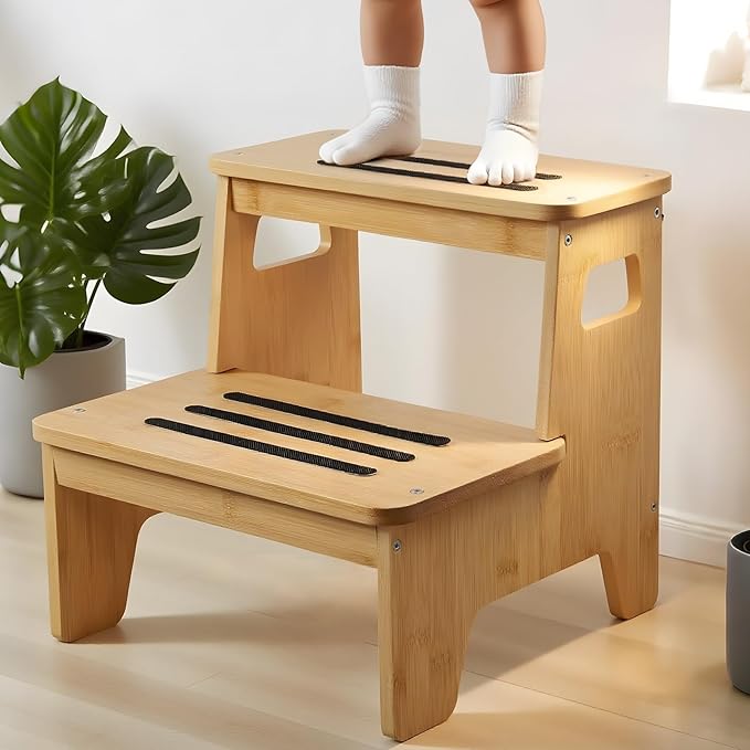 Wooden Step Stools for Kids, Heavy Duty Bamboo 2-Step Stepping Stools for Toddlers, DIY Non-Slip Pads & Handles, for High Bed, Bathroom, Toilet, Kitchen, RV, Natural
