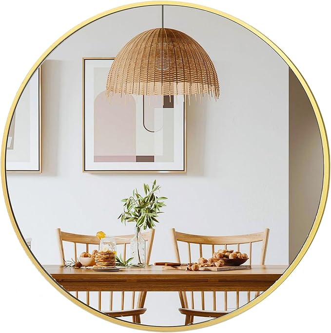36 inch Gold Circle Wall Mirror, Brushed Gold Metal Framed Round Mirror for Bathroom Vanity, Bedroom Decor, Living Room, Entryway