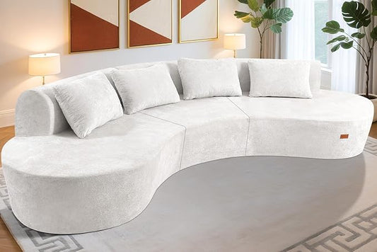 Homguava 130'' Modular Sectional Sofa,Curved Modern Sofa with Memory Foam,Deep Seat Cloud Couch with 4 Pillows,Upholstered Oversized Couches for Living Room Apartment Office,No Assembly Required-Beige