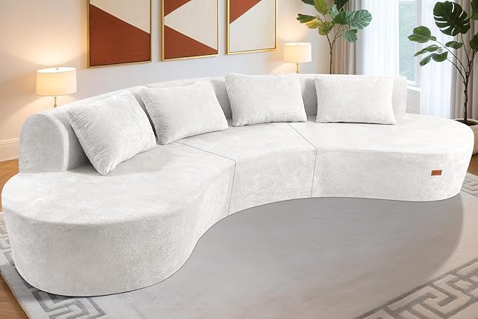 Homguava 130'' Modular Sectional Sofa,Curved Modern Sofa with Memory Foam,Deep Seat Cloud Couch with 4 Pillows,Upholstered Oversized Couches for Living Room Apartment Office,No Assembly Required-Beige