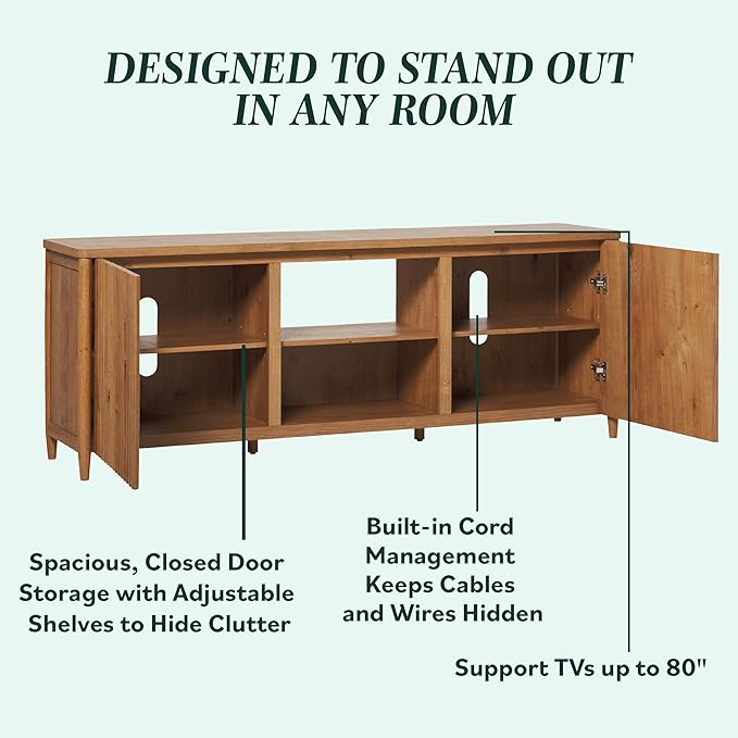 Walker Edison Flynn Scandinavian Reeded TV Stand with Open Storage for up to 80" TV, English Oak