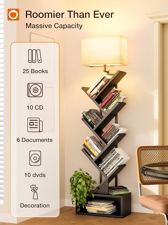 addlon 6-Tier Tree Bookshelf, Steel&Wood Corner Shelf with 3CCT Bulb,Small Book Shelf for Bedroom, Home Office&Living Room-Rustic Brown-Black Oak