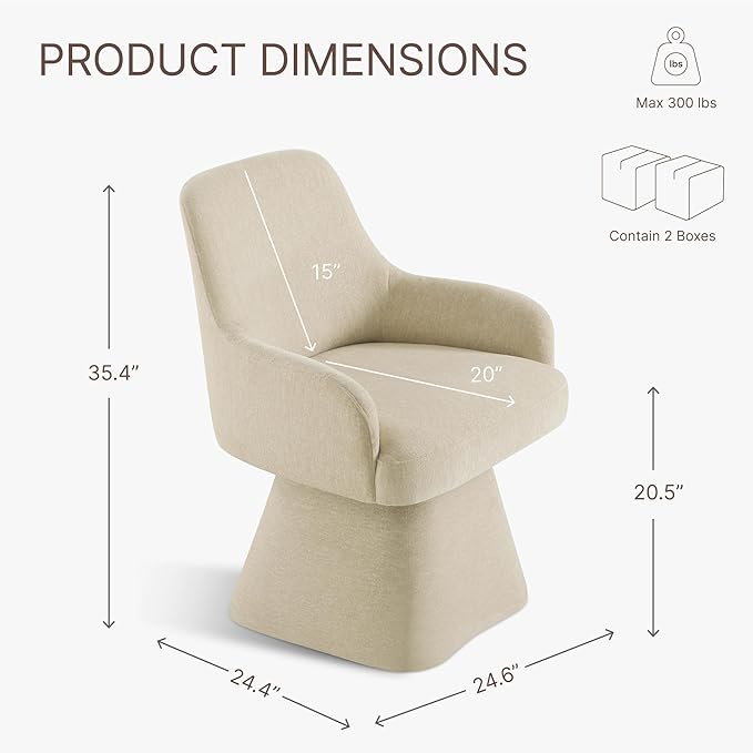 Swivel Dining Chairs Set of 2, Mid Century Modern Chairs Fabric Upholstered Armchair with Armrest & Ergonomic Backrest for Dining Room, Kitchen, Bedroom, Living Room, Sand, 2 Boxs
