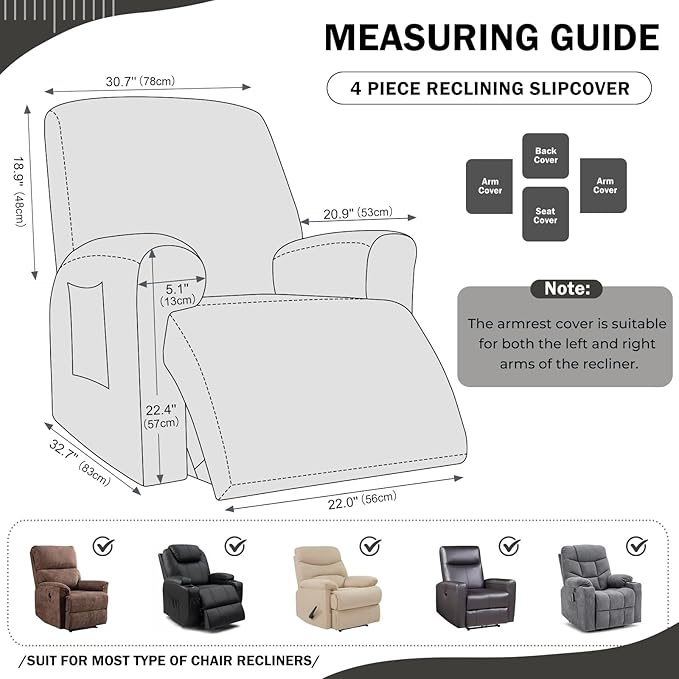 vctops 4 Pieces Geometric Jacquard Plush Recliner Slipcovers Soft Fuzzy Fluffy Sofa Couch Cover Anti-Slip Furniture Protector with Elastic Bottom for Kids Cats Dogs(Dark Grey,1 Seat)
