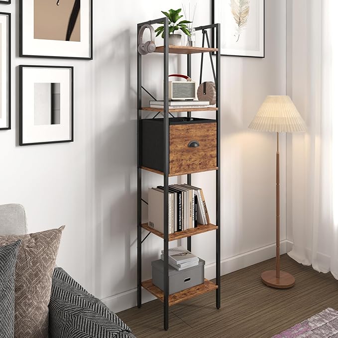 5 Tier Bookshelves,Tall Narrow Bookcases with Shelves, Bookcase Storage Organizer,Industrial Bookshelf with Drawer,Display shelves for Living Room, Bedroom ,Kitchen and Office, Rustic Brown