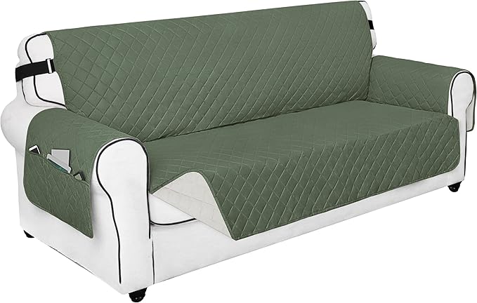 PureFit Reversible Sofa Couch Cover Water Resistant Couch Covers for 3 Cushion, Washable Furniture Cover with Non-Slip Foam and Adjustable Strap for Dogs, Pets (Oversized Sofa, Grayish Green/Ivory)