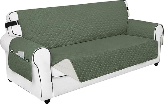 PureFit Reversible Sofa Couch Cover Water Resistant Couch Covers for 3 Cushion, Washable Furniture Cover with Non-Slip Foam and Adjustable Strap for Dogs, Pets (Oversized Sofa, Grayish Green/Ivory)