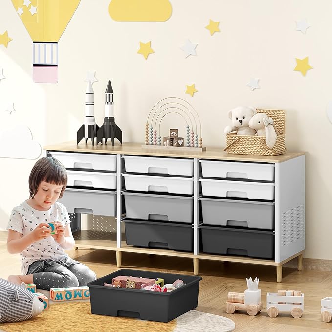 12-Drawer Storage Cabinet with Wooden Tabletop, Versatile Cube Storage Organizer Bin Storage for Home, Office, Playroom, Classroom & Craft Room Storage (Gradient Grey)