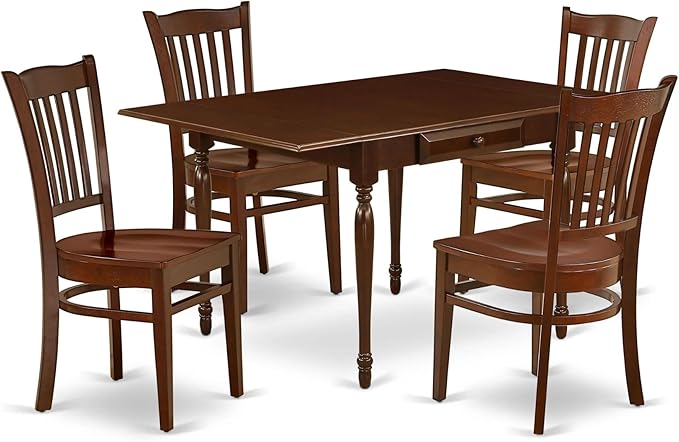 East West Furniture MZGR5-MAH-W 5 Piece Modern Dining Table Set Includes a Rectangle Wooden Table with Dropleaf and 4 Dining Room Chairs, 36x54 Inch, Mahogany