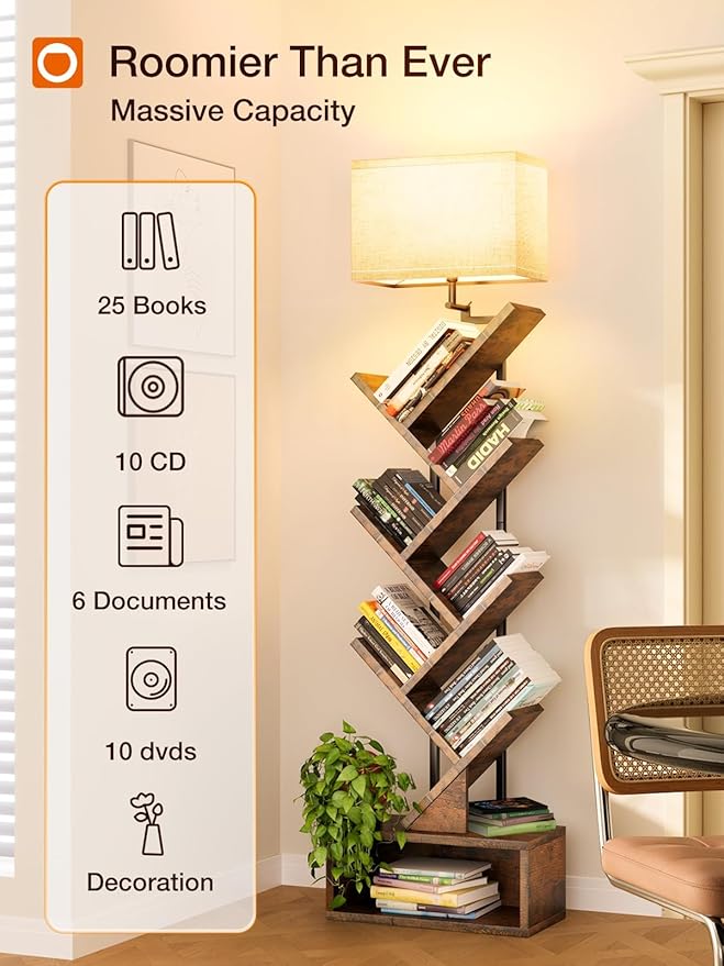 addlon 6-Tier Tree Bookshelf, Steel&Wood Corner Shelf with 3CCT Bulb,Small Book Shelf for Bedroom, Home Office&Living Room-Rustic Brown
