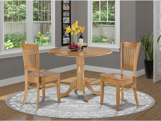 East West Furniture DLVA3-OAK-W 3 Piece Dining Table Set for Small Spaces Contains a Round Dining Room Table with Dropleaf and 2 Wooden Seat Chairs, 42x42 Inch, Oak