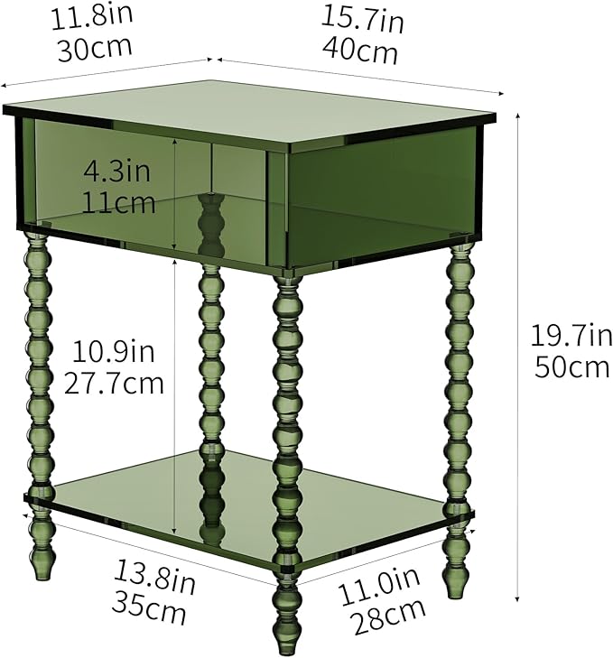 Acrylic Side Table, Clear 3-Tier End Table with Storage, Nightstand for Living Room, Bedroom, Office (Green, 11.8 ×15.7 × 19.7)
