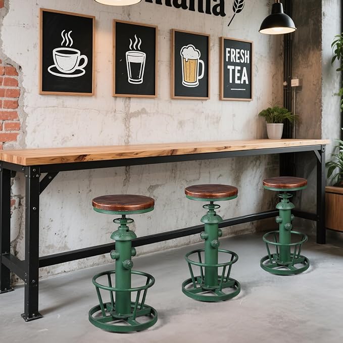Topower Antique Industrial Round Bottom Adjustable Height Cafe Coffee Retro Vintage Stylish Water Pipe Design Pub Kitchen Bar Stool (Antique Green, Wooden Top)