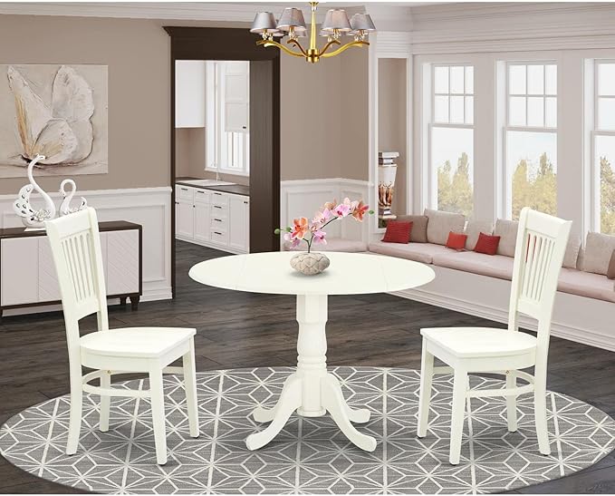 East West Furniture DLVA3-LWH-W 3 Piece Modern Dining Table Set Contains a Round Wooden Table with Dropleaf and 2 Dining Room Chairs, 42x42 Inch, Linen White