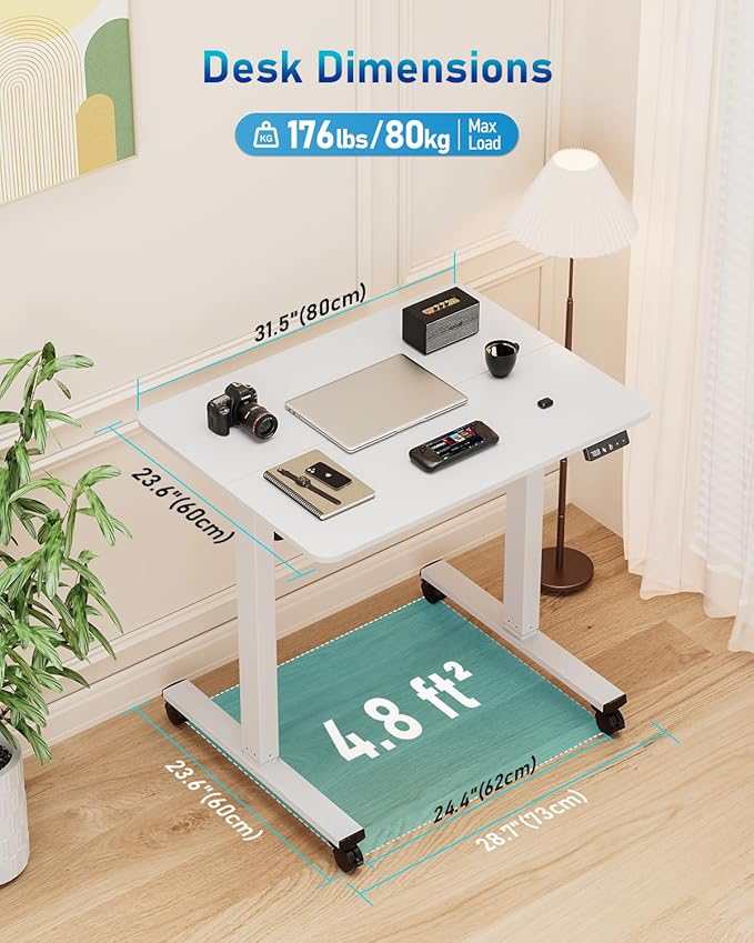 Small Height Adjustable Electric Standing Desk, 31.5" x 23.6" Sit Stand up Desk with Splice Board, Ergonomic Rising Computer Home Office Desk Table with Memory Preset, White Frame/White Top