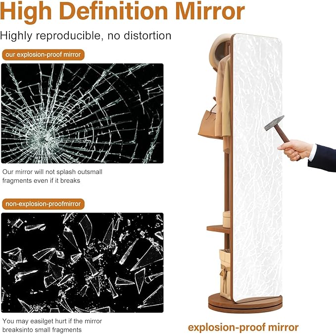 70"x16"Full Length Mirror with Stand,Coat Rack with Mirror,Solid Wood Floor Mirror,Swivel Mirrorfor Bedroom, Living Room, Cloakroom