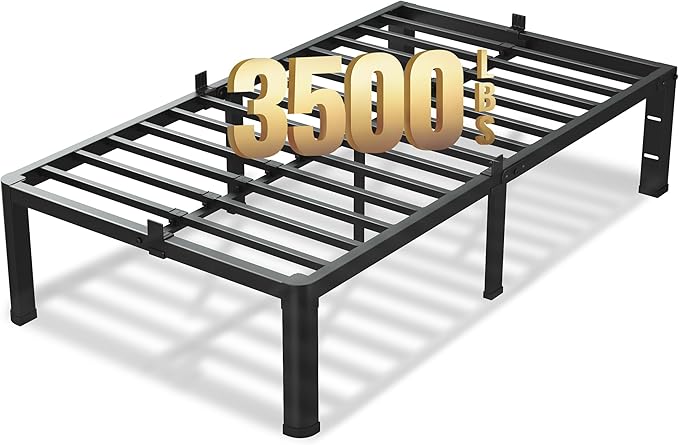 14 Inch Twin Size Bed Frame, 3500Lbs Heavy Duty Metal Platform with Round Corner Legs Mattress Slide Stopper, Steel Slat Support No Box Spring Needed, Noise Free, Non-Slip, Easy Assembly