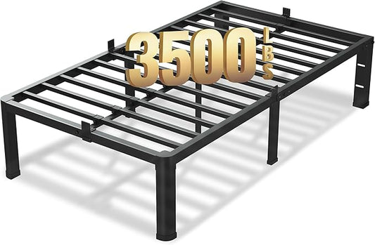 14 Inch Twin Size Bed Frame, 3500Lbs Heavy Duty Metal Platform with Round Corner Legs Mattress Slide Stopper, Steel Slat Support No Box Spring Needed, Noise Free, Non-Slip, Easy Assembly