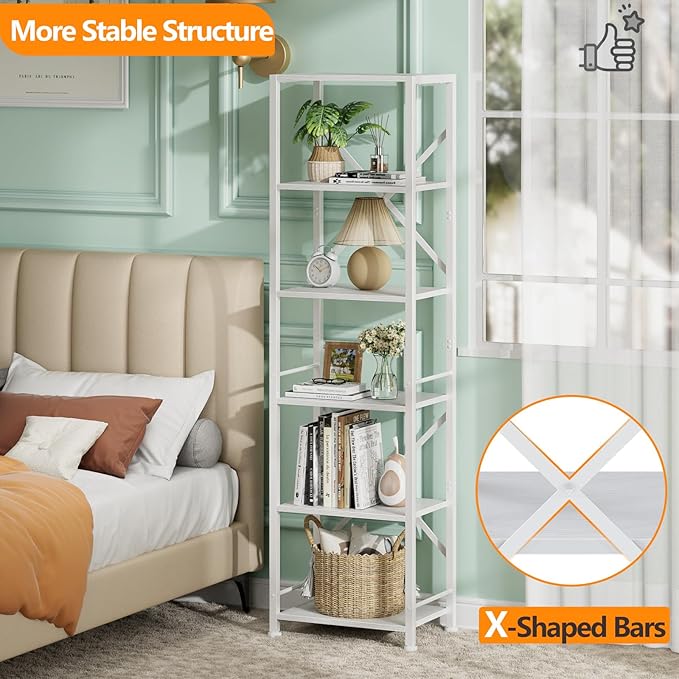 Furologee White Tall Bookshelf, Narrow Bookcase with 6 Shelves, Modern Freestanding Shelf Units, Metal and Wood Display Storage Corner Rack Organizer for Living Room, Home Office, Hallway, Bathroom