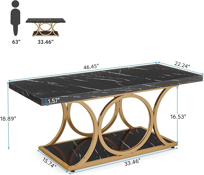 Tribesigns Rectangle Coffee Table, 47.24-inch Modern Coffee Tables for Living Room, 2-Tier Faux Marble Wood Coffee Table with Geometric Metal Legs, Furniture with Storage Shelf (Black & Gold)