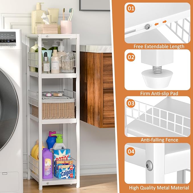 4 Tier Expandable Slim Storage Shelf, Metal Shelving Unit for Bathroom Storage Organizer, Freestanding Narrow Shelf for Small Spaces, Open Floor Shelves for Bathroom, Laundry Room, Kitchen,White
