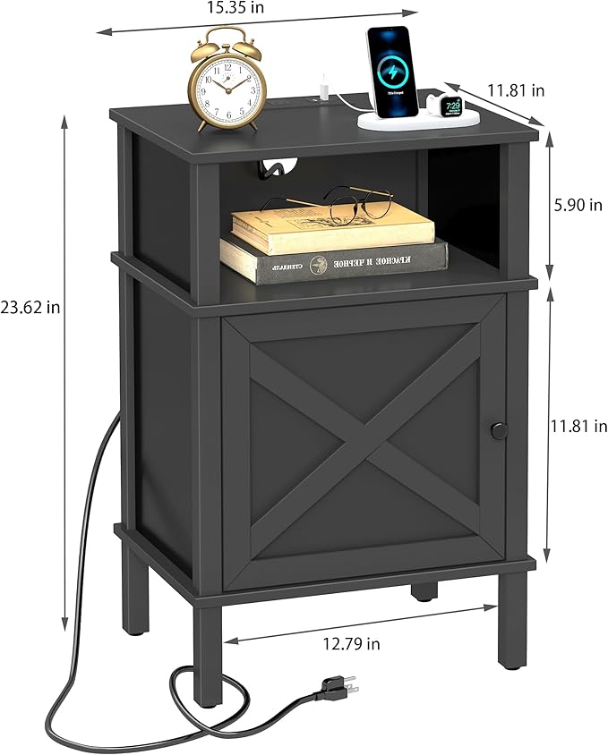 Nightstand with Charging Station, Farmhouse Nightstand, end Table with 2 Tiers Storage Space and Storage Cabinet, Sofa Side Tables for Bedroom, Living Room BZ0601BKE