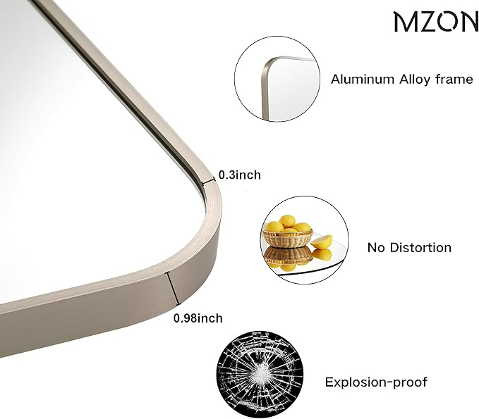 MZON 24x36Inch Brushed Nickel Bathroom Mirror, Rectangle Wall Mounted Mirror for Bathroom or Living Room, Anti-Rust Frame & Tempered Glass, Horizontal/Vertical Mount - Timeless&Elegance Wall Decor