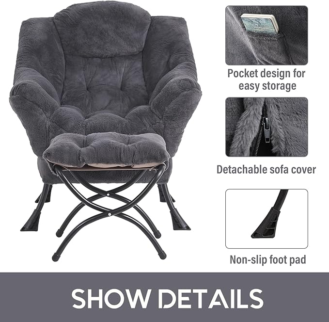 LITA Lazy Chair with Ottoman, Modern Accent Leisure Upholstered Sofa Chair, Lounge Reading Chair with Armrests and a Side Pocket for Living Room, Bedroom & Small Space, Plush Navy