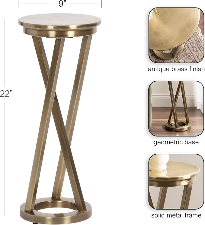 Kate and Laurel Aja Modern Metal Round Drink Table, 9 x 9 x 22, Antique Brass, Decorative Geometric Pedestal Table with Circular Tabletop for Use as Metal Indoor Plant Stand