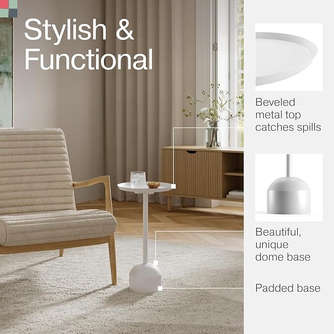 Round Metal Drink Table, Pedestal Drink Desk, Modern Home, Bedroom, and Living Room Furniture, Versatile Small Metal Side Table with Dome Base and Beveled Top (White Pedestal Stand)