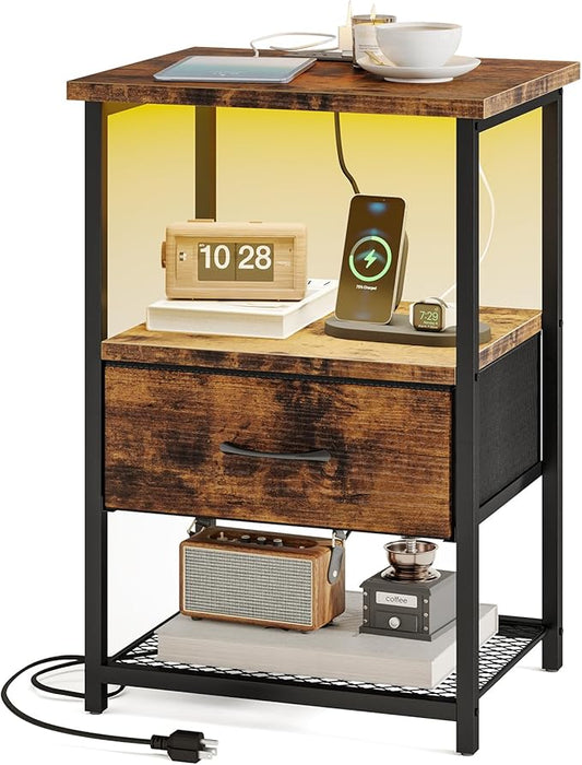 Fixwal Night Stand with Charging Station, LED Nightstand with Fabric Drawers, End Table with PU Finish, Bedside Table, Rustic Brown