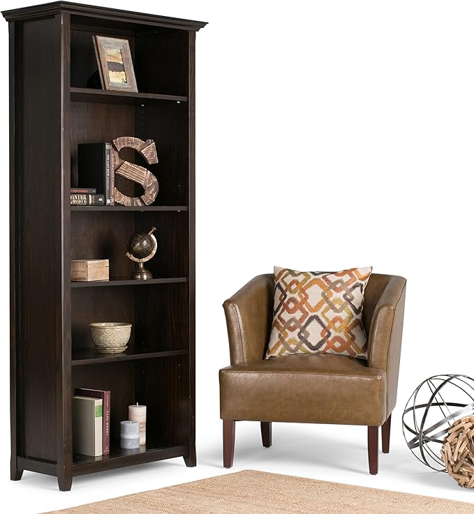 SIMPLIHOME Amherst Bookcase - 70 inch Tall 5-Shelf Solid Wood Bookshelf in Hickory Brown, Transitional Storage for Living Room, Study Room or Office with Adjustable Shelves and Tapered Legs