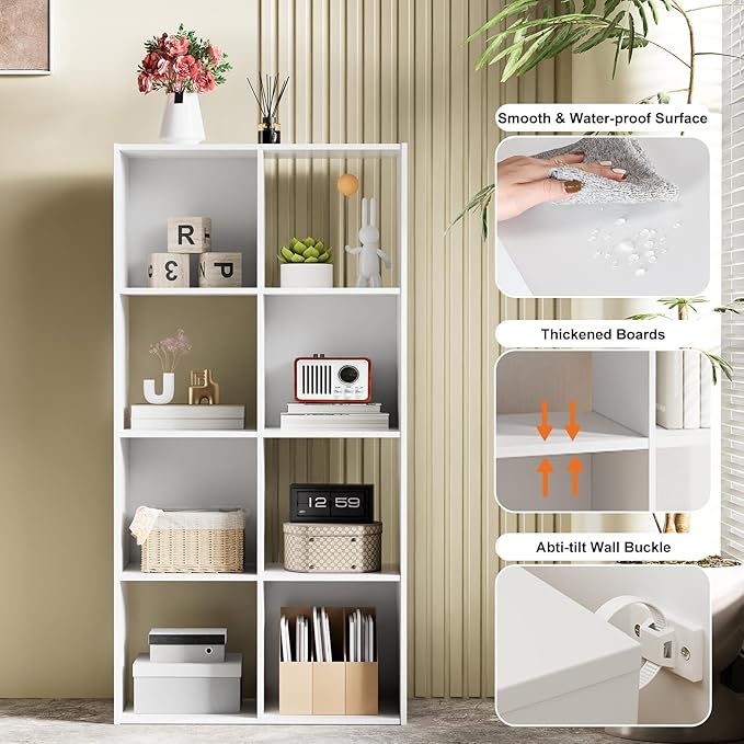 Sweetcrispy 8 Cube Storage Organizer - Open Cube Bookshelf with 4 Removable Back Panels, Display Storage Bookcase for Living Room, Bedroom, Entrance Hall, Home Office，47.7" L×11.6" W×24" H, Beige