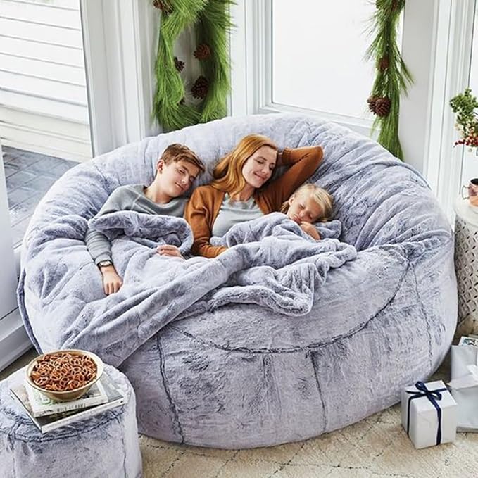BCU Bean Bag Cover Comfy Beanbag Chair for Adults Without Filler Faux Fur Lazy Sofa Cover for Living Room Chairs, Grey, 3.5FT