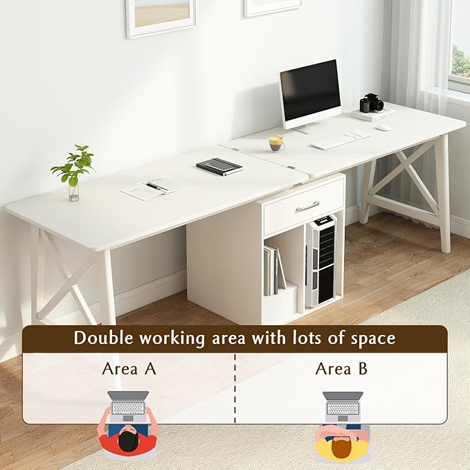 2-Person Desk with Storage Cabinet - 94" Wooden Extra Long L Shaped Table, Double Work Study Computer Workstation for Home Office, White, 94" W x 24" D
