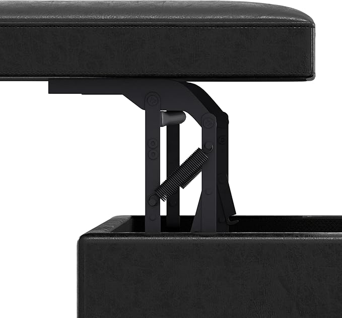 SIMPLIHOME Owen 42 inch Wide Mid Century Modern Rectangle Lift Top Large Coffee Table Storage Ottoman in Distressed Black Vegan Faux Leather, Assembled, for the Living Room, Entryway and Family Room