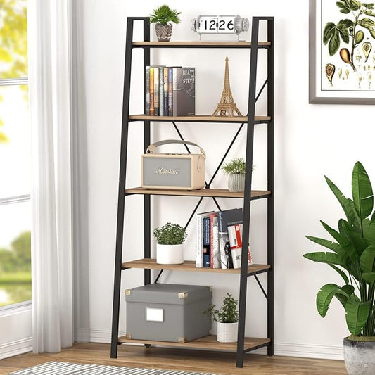 BON AUGURE Industrial 5 Tier Ladder Bookshelf, Wood and Metal Ladder Shelf Bookcase, Farmhouse Leaning Shelves for Living Room (Vintage Oak)