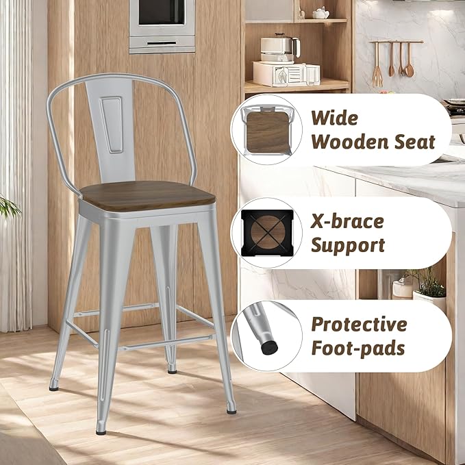24” Swivel Bar Stools Set of 4, Counter Height Bar Stools Wooden Seat, Metal Industrial Bar Chairs with High Back for Kitchen Island (Silver)