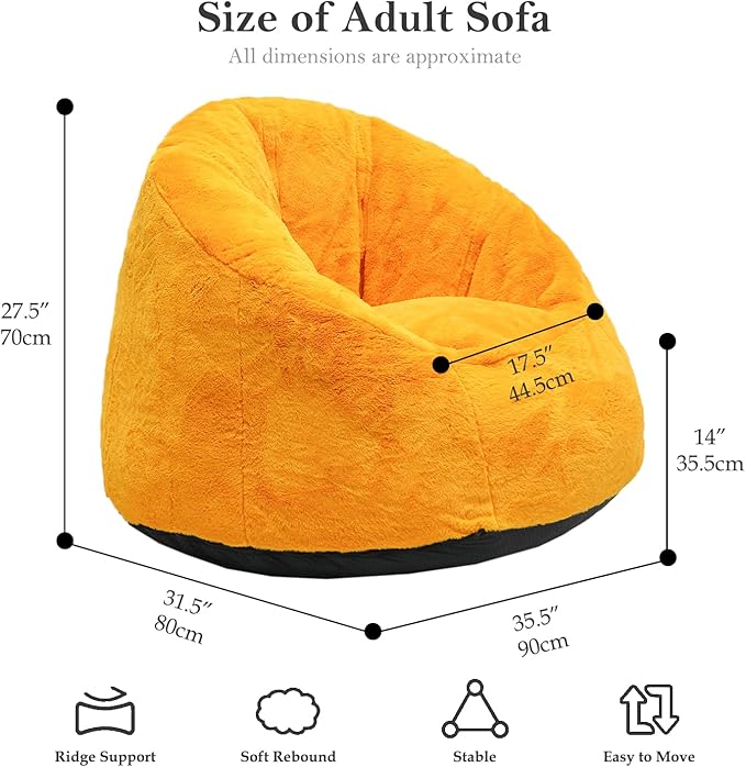 N&V Medium Shell Bean Bag Chair, Adult Size Bean Bag Sack, Foam Filling, Includes Removable and Machine Washable Cover, 37in, Soft Faux Fur, Yellow