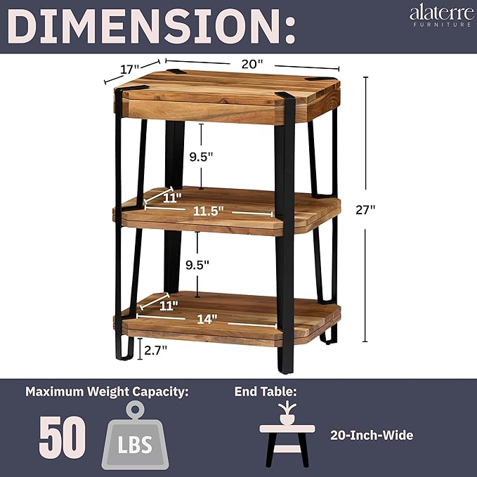 Ryegate 3-Tier End Table with Storage “ Live Edge Solid Acacia Wood Side Table with Industrial Metal Frame and 2 Open Lower Shelves for Living Room, Bedroom, Entryway by Alaterre Furniture