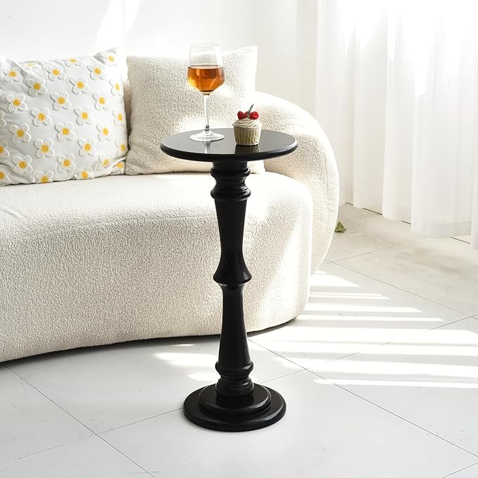 SwallowLiving Small Round Side Table, Tall End Tables Living Room, Narrow Night Stand for Small Spaces, Sofa Couch, Bedroom & Office, Modern Wooden Beside Table Home Decor (Black, 12" x 25")