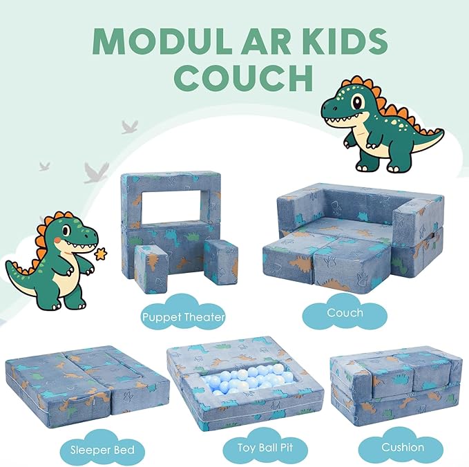 MeMoreCool Modular Kids Couch Dinosaur, Glow Dino Play Toddler Couch for Bedroom, Convertible Foam Kids Sofa Bed, Fold Out Baby Sofa for Girl Boy