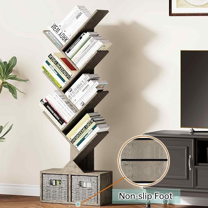 Vagusicc 6 Tier Tree Bookshelf, Small Bookcase with Storage Cabinet, Modern Tall Narrow Bookshelves Organizer, Floor Standing Book Shelf for Bedroom/Living Room/Home Office/Corner, Rustic Greige