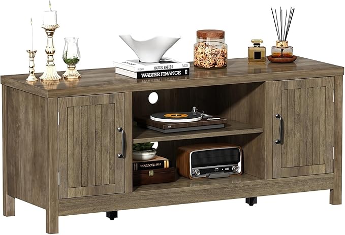 ChooChoo Farmhouse TV Stand, Wood Fluted Door Entertainment Center with Storage Cabinets and Open Shelves, Rustic Media Console up to 55 inches for Living Room, Bedroom, Grey Wash