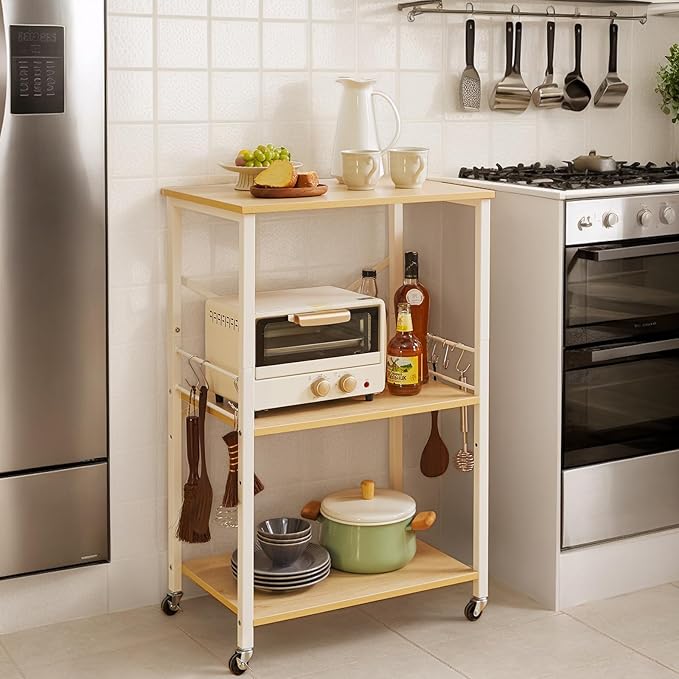 IBUYKE Kitchen Shelf Cart, 3-Tier Microwave Oven Stand, Baker’s Rack with Metal Frame and 8 Hooks, Industrial Printer Stand, Utility Standing Storage Shelf for Coffee Bar, Simple Assembly, TMJ023R