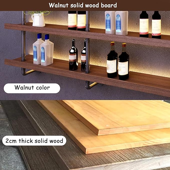 Large Wine Rack with LED Light Solid Wood Wall Mounted Wine Rack, 3-Tiers Liquor Bottles Floating Shelves Display Storage Organizer for Home Bar & Dining Room (80cm/31.4in)