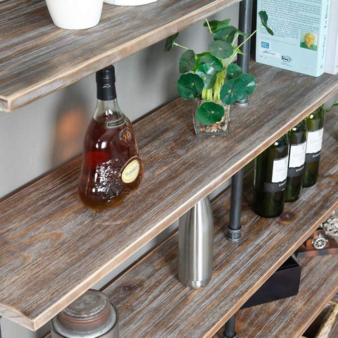 Industrial 6-Tiers Modern Ladder Shelf Bookcase,Solid Wood Storage Shelf,Display Shelving, Wall Mounted Wood Shelves, Pipe Wood Shelves Bookshelf Vintage Wrought Iron Finish (Gray)