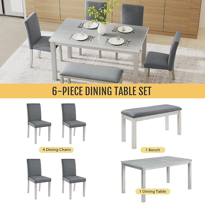 6-Piece Solid Wood Dining Table Set, Including 1 Dining Table, 4 Upholstered Chairs and 1 Bench, Wooden Dining Table Set with Crystal Decoration for Kitchen, Dining Room, Silver Grey