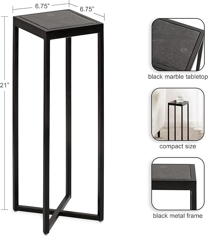 Kate and Laurel Jaspur Modern Square Drink Table, 7 x 7 x 21, Black and Black Marble, Decorative Contemporary Accent Table for Stylish Display and Storage