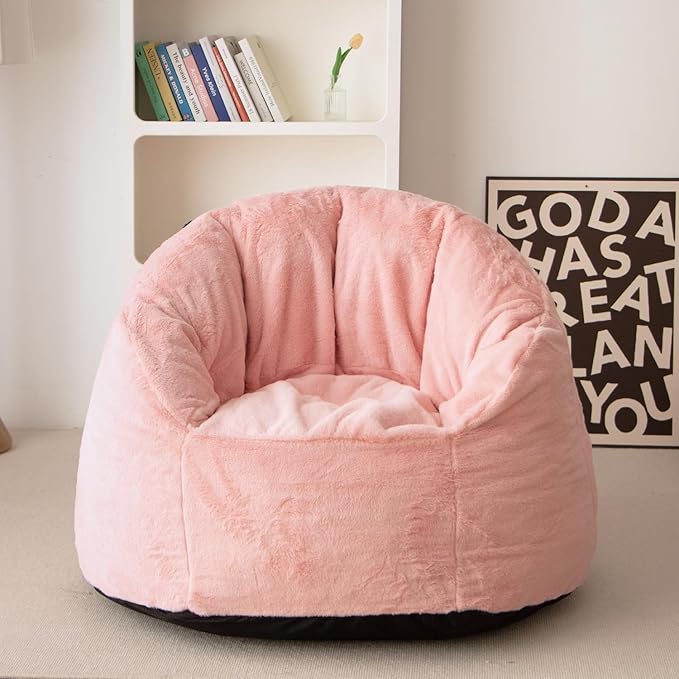 N&V Large Shell Bean Bag Chair, Adult Size Bean Bag Sack, Foam Filling, Includes Removable and Machine Washable Cover, 40in, Soft Faux Fur, Pink